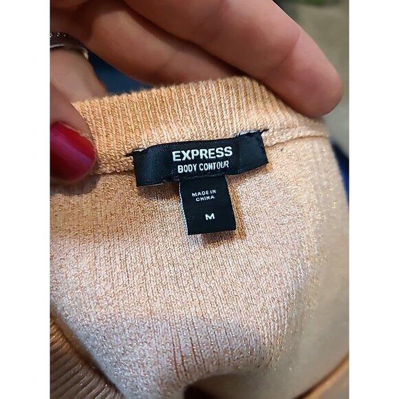 Express Pink Gold Shimmer Ribbed Bodycon Midi Sweater Dress Size Medium New - Picture 6 of 9